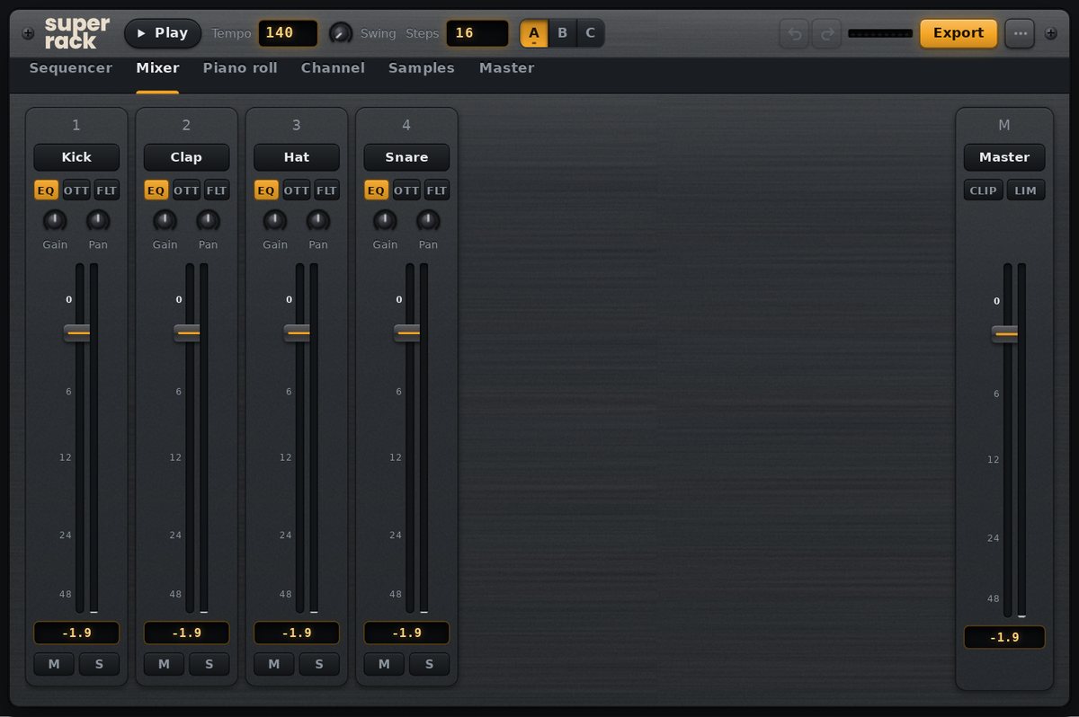 Super Rack’s mixer with a strip and level meter for each sound