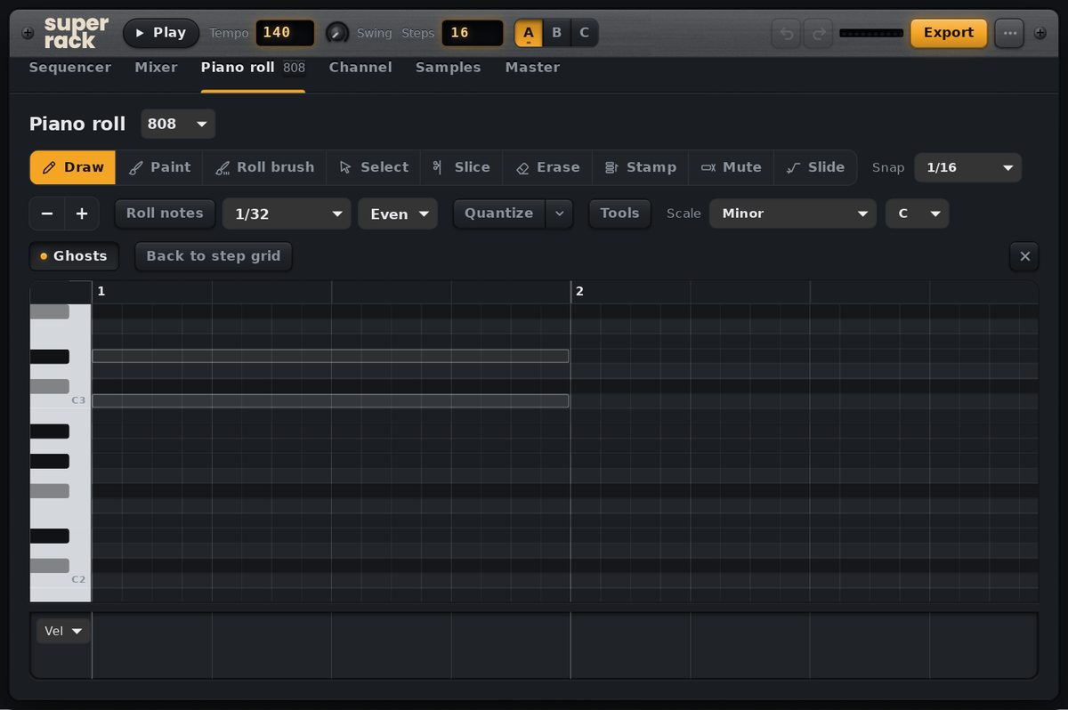 Super Rack’s piano roll with an 808 line, slide notes and ghost chords in C minor