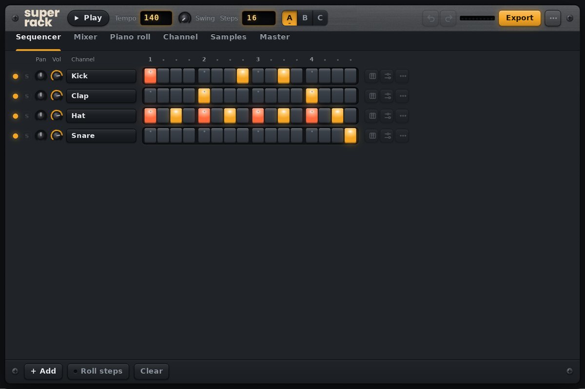 Super Rack’s channel rack with a drum pattern